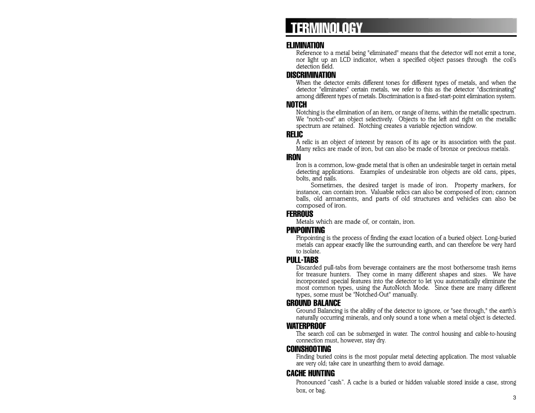 Bounty Hunter 505 owner manual Terminology 