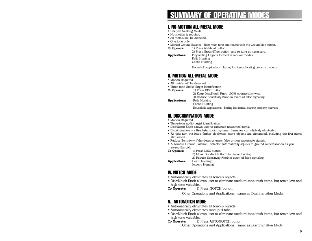 Bounty Hunter 505 Summary of Operating Modes, II. Motion ALL-METAL Mode, III. Discrimination Mode, IV. Notch Mode 