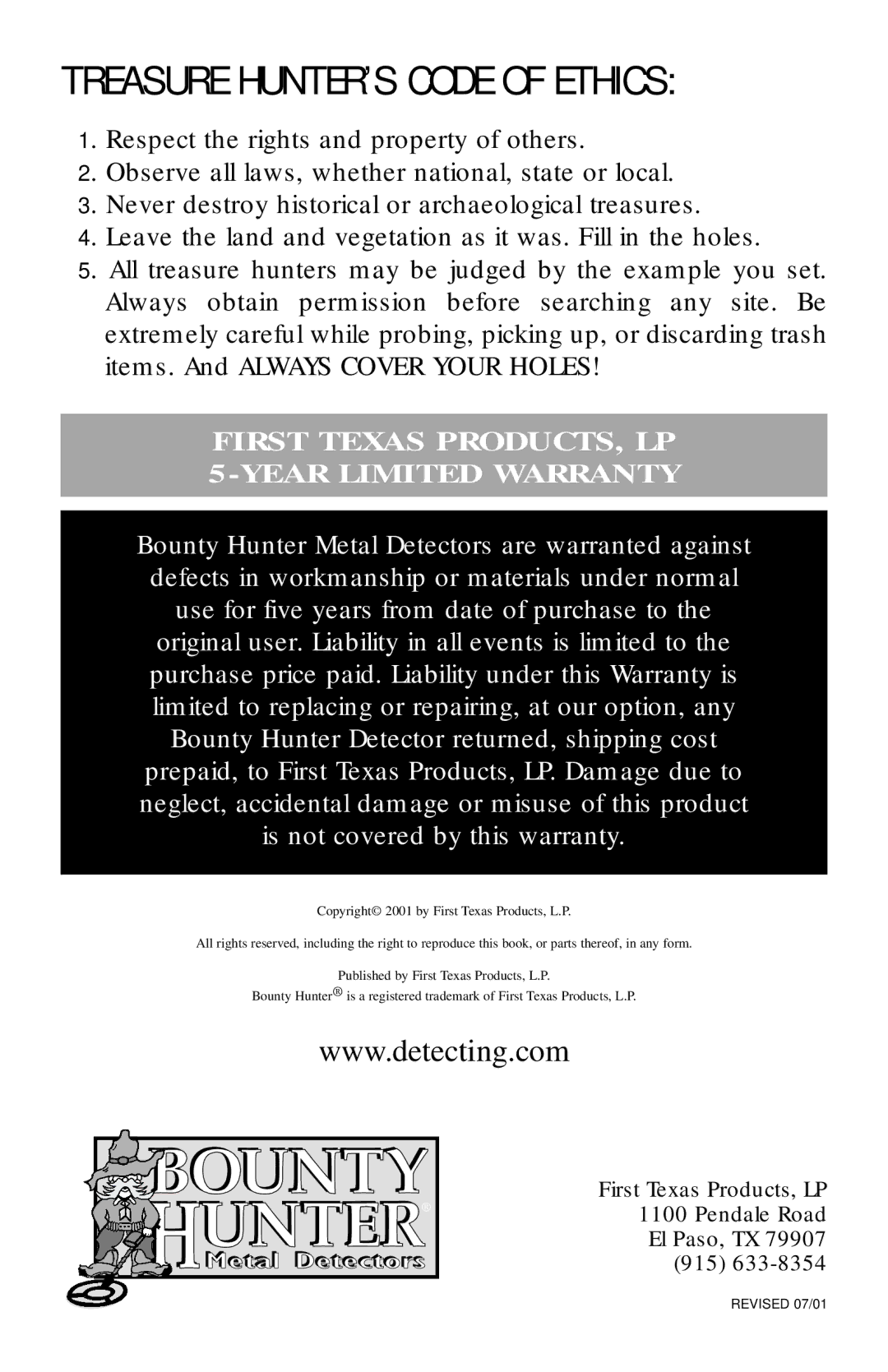 Bounty Hunter FAST owner manual Treasure HUNTER’S Code of Ethics, First Texas PRODUCTS, LP 5-YEAR Limited Warranty 