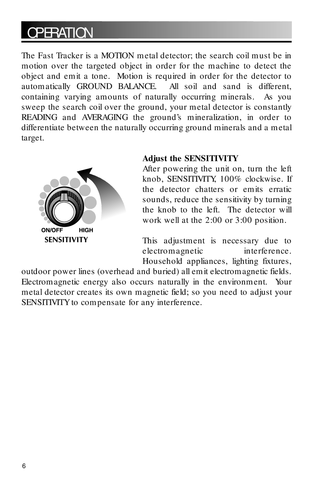 Bounty Hunter FAST owner manual Operation, Adjust the Sensitivity 