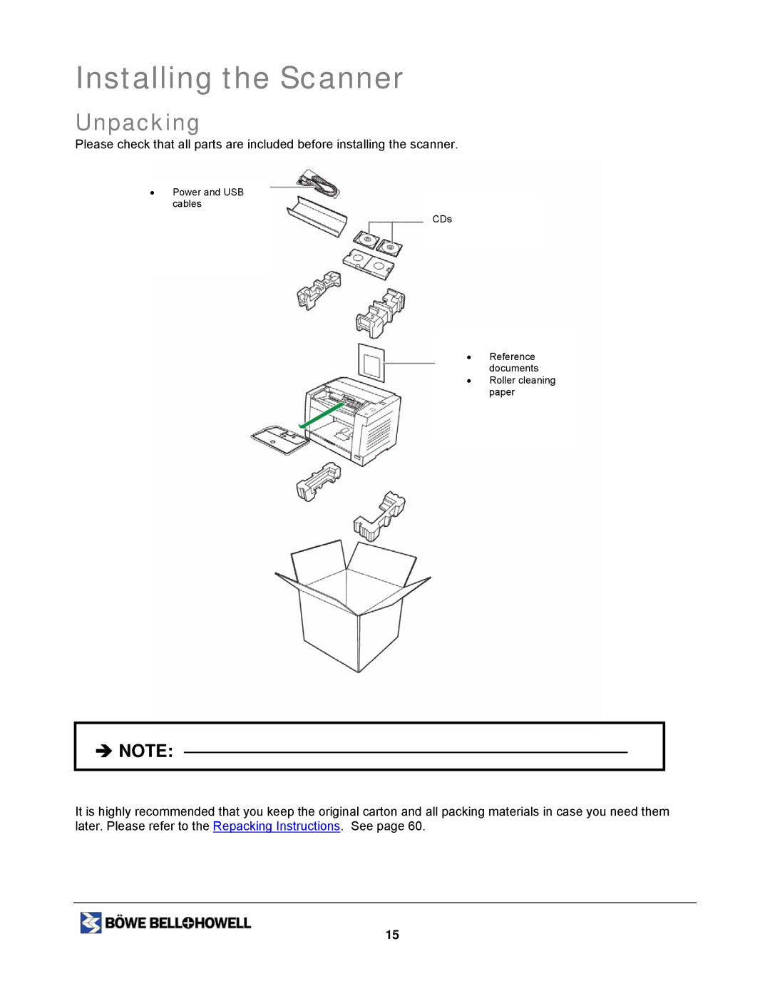 Bowe, Bell + Howell 1200, 1400U manual Installing the Scanner, Unpacking 