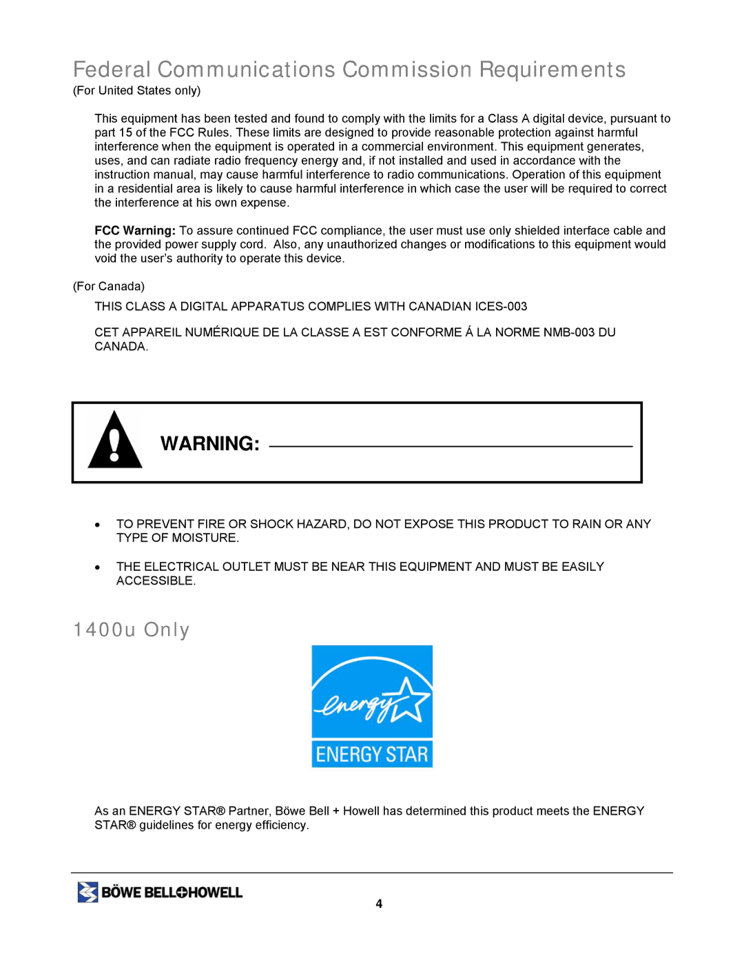 Bowe, Bell + Howell 1400U, 1200 manual Federal Communications Commission Requirements, 1400u Only 
