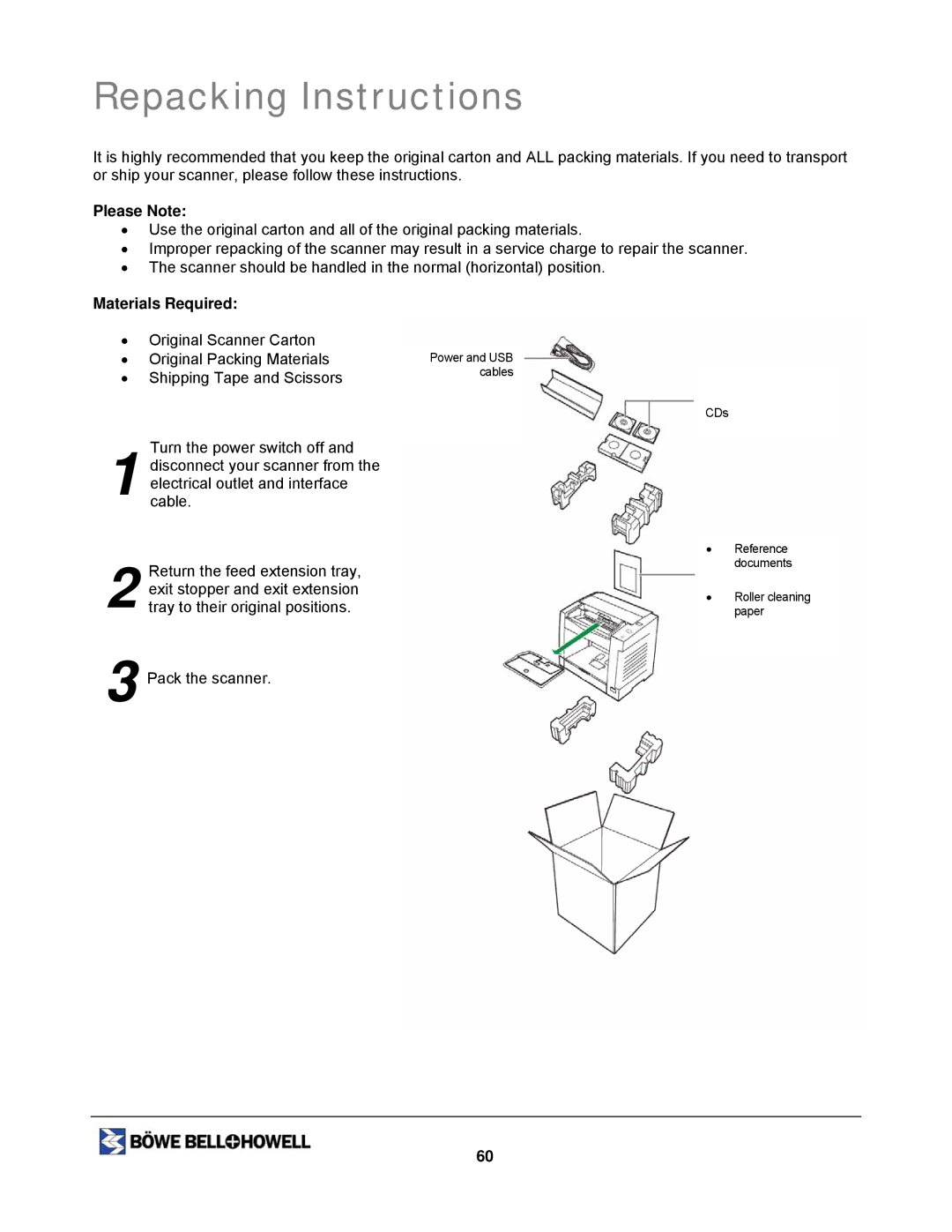 Bowe, Bell + Howell 1200, 1400U manual Repacking Instructions, Please Note, Materials Required 