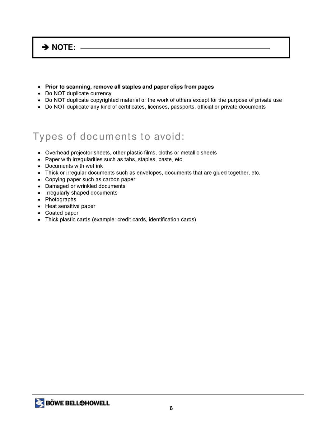 Bowe, Bell + Howell 1200, 1400U manual Types of documents to avoid 