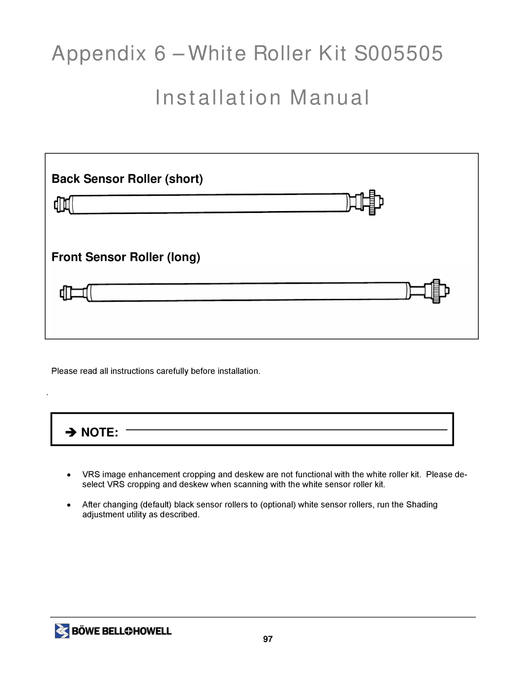 Bowe, Bell + Howell 1400U, 1200 manual Appendix 6 White Roller Kit S005505 Installation Manual 