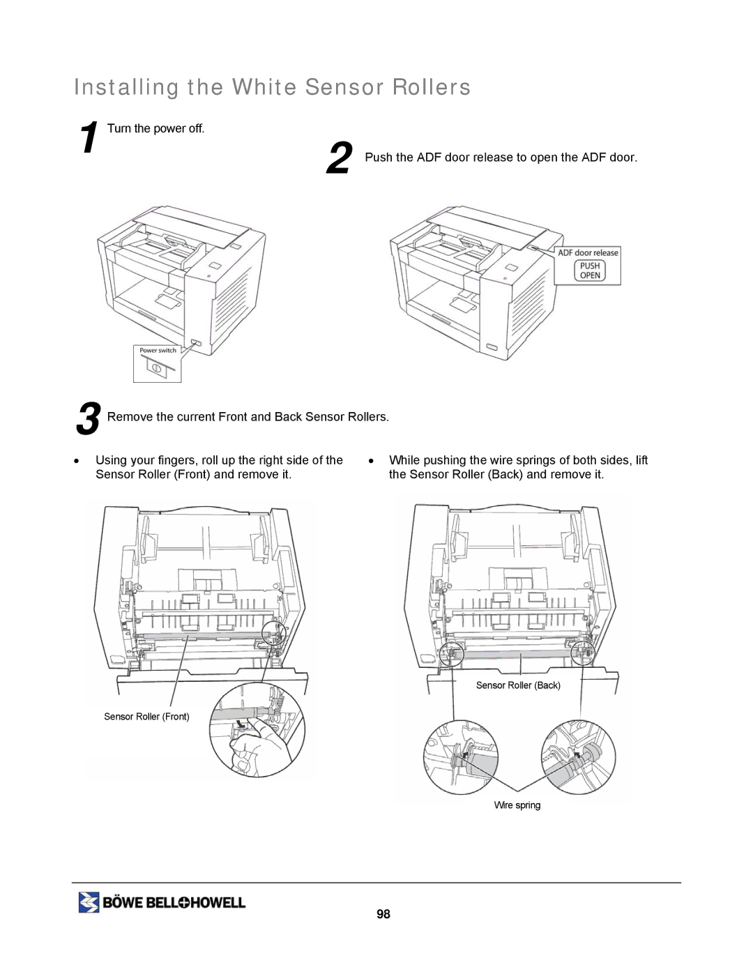 Bowe, Bell + Howell 1200, 1400U manual Installing the White Sensor Rollers 