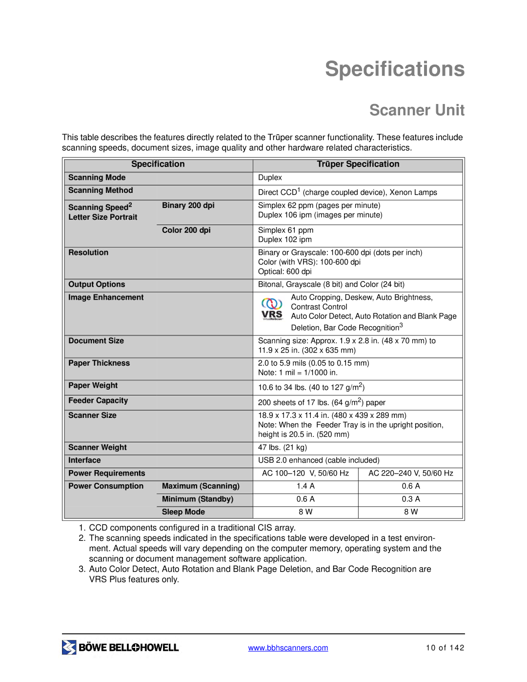 Bowe, Bell + Howell S006830 manual Specifications, Scanner Unit 