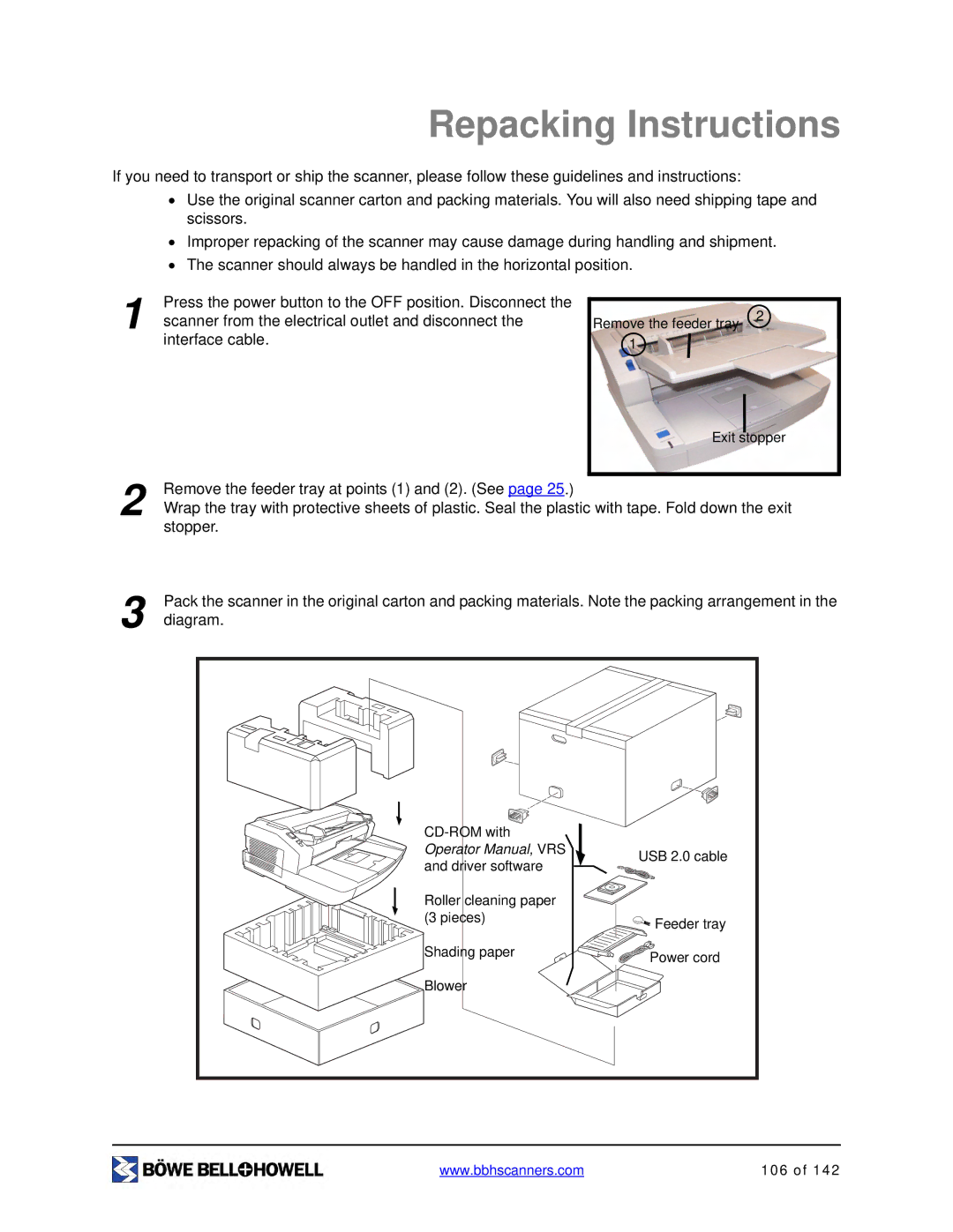 Bowe, Bell + Howell S006830 manual Repacking Instructions, Operator Manual, VRS 