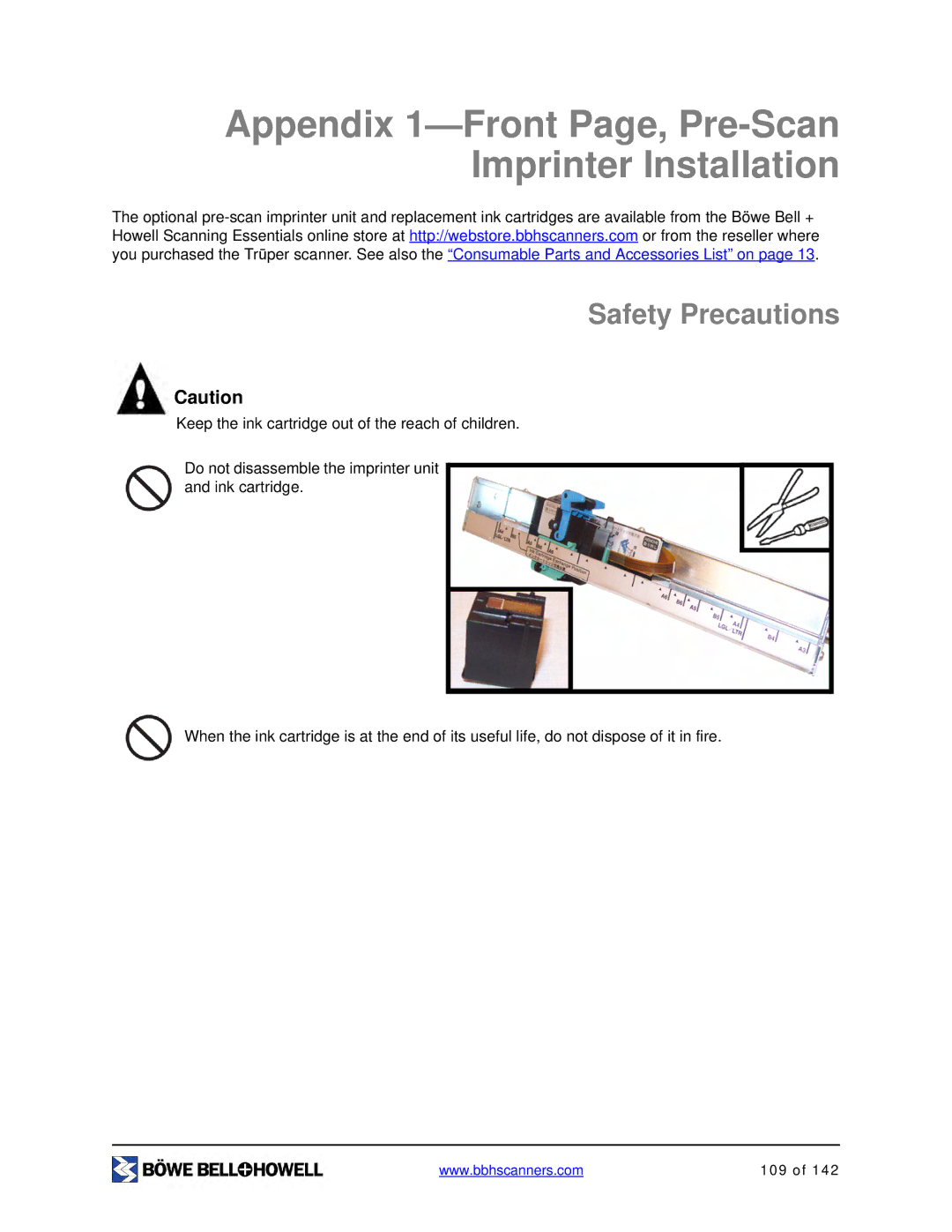 Bowe, Bell + Howell S006830 manual Appendix 1-Front Page, Pre-Scan Imprinter Installation, Safety Precautions 