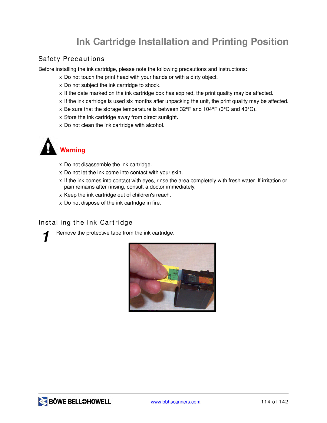 Bowe, Bell + Howell S006830 manual Ink Cartridge Installation and Printing Position, Safety Precautions 