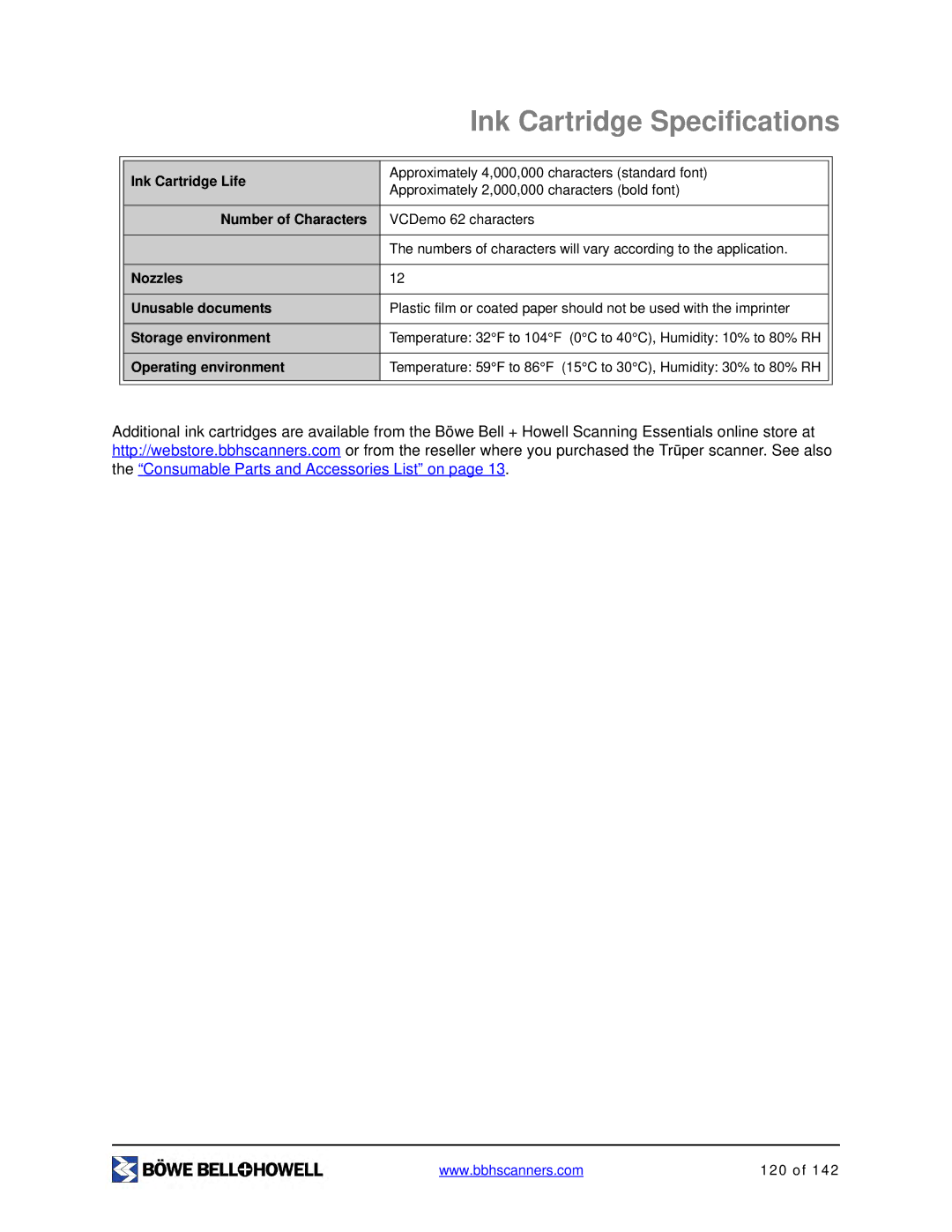 Bowe, Bell + Howell S006830 manual Ink Cartridge Specifications 