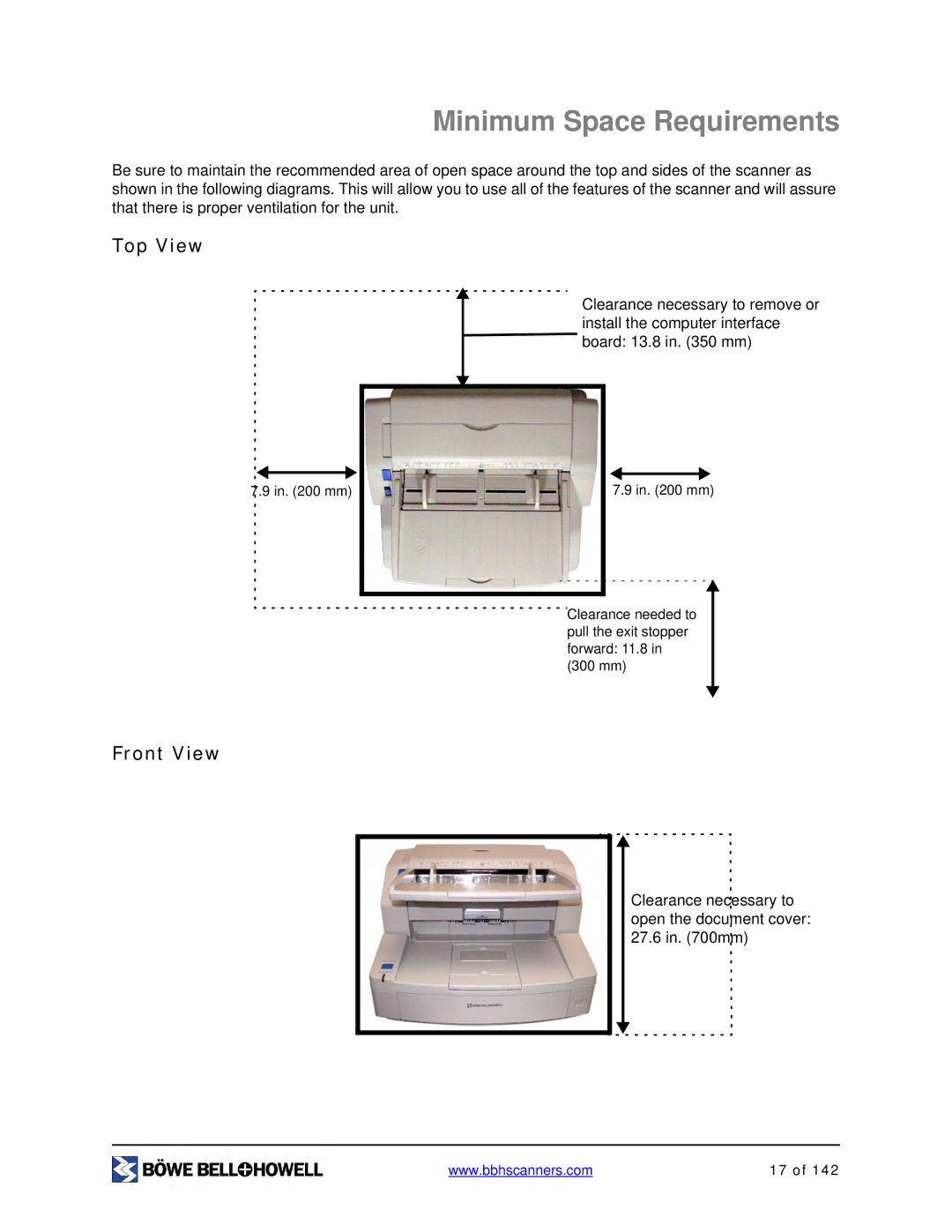 Bowe, Bell + Howell S006830 manual Minimum Space Requirements, Top View, Front View 