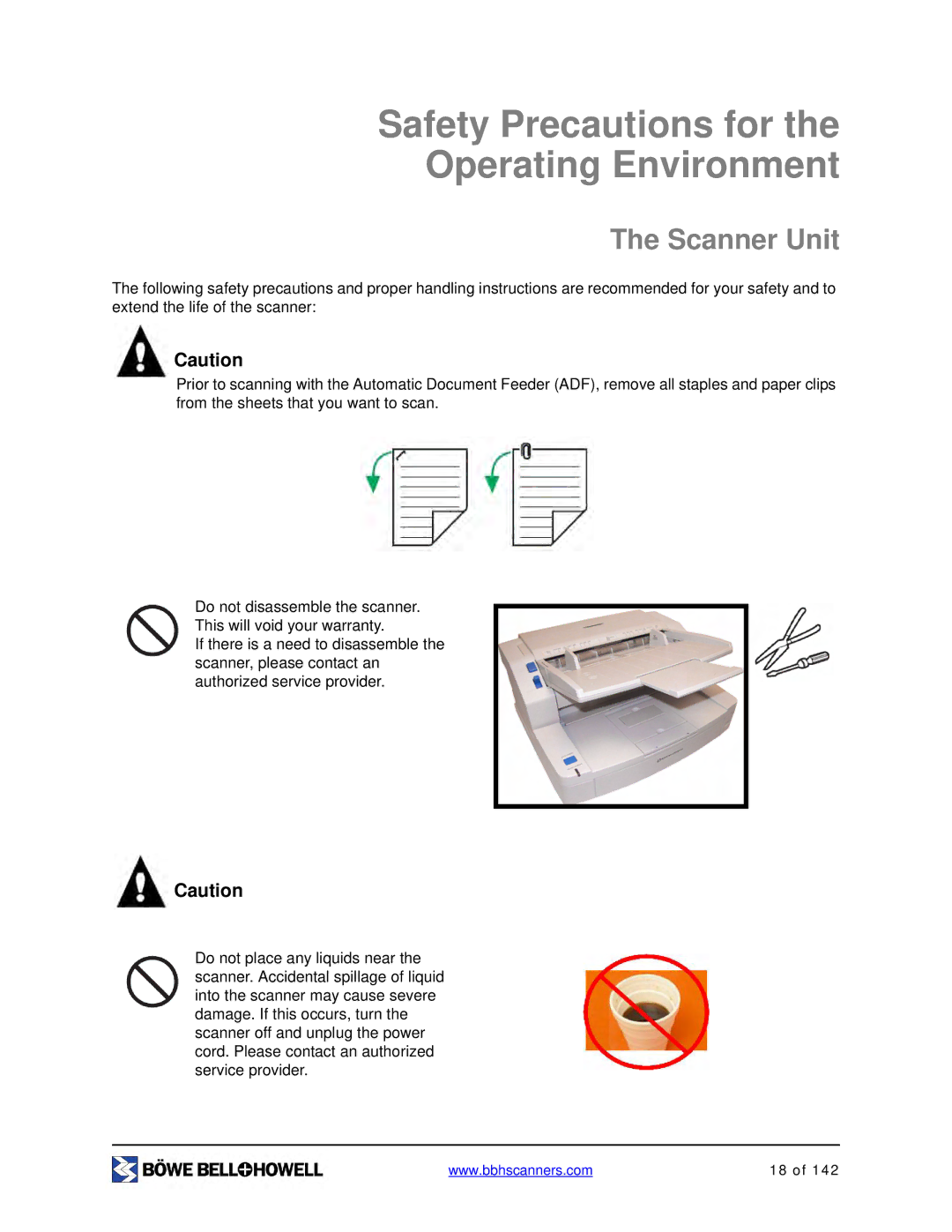 Bowe, Bell + Howell S006830 manual Safety Precautions for Operating Environment, Scanner Unit 