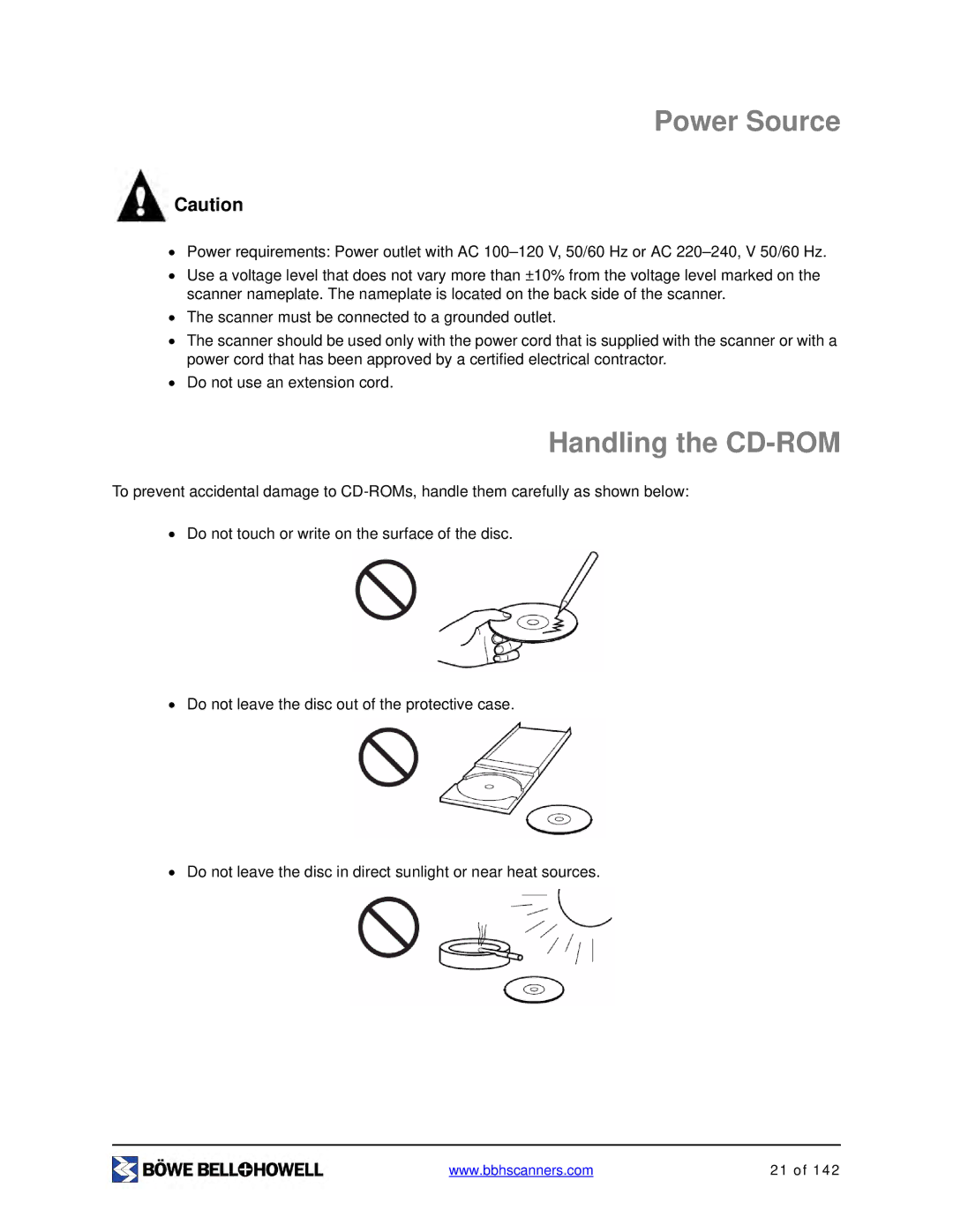 Bowe, Bell + Howell S006830 manual Power Source, Handling the CD-ROM 