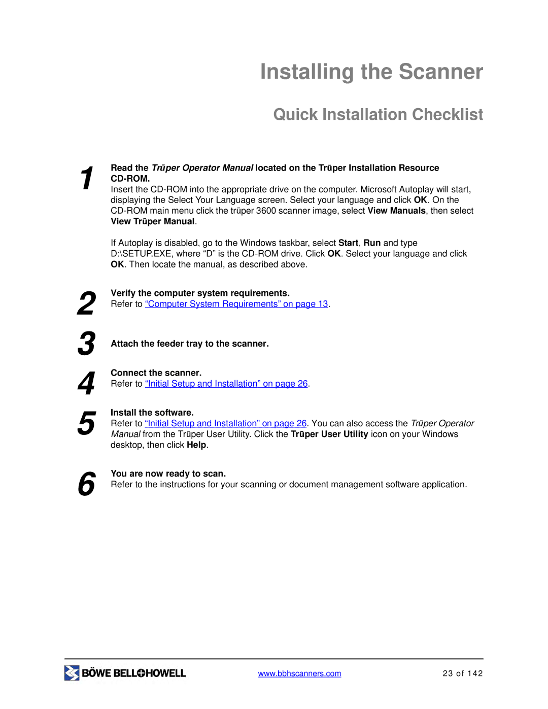 Bowe, Bell + Howell S006830 manual Installing the Scanner, Quick Installation Checklist 