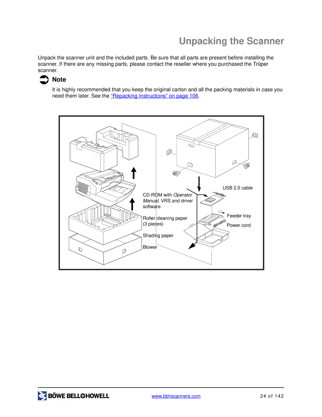 Bowe, Bell + Howell S006830 manual Unpacking the Scanner 