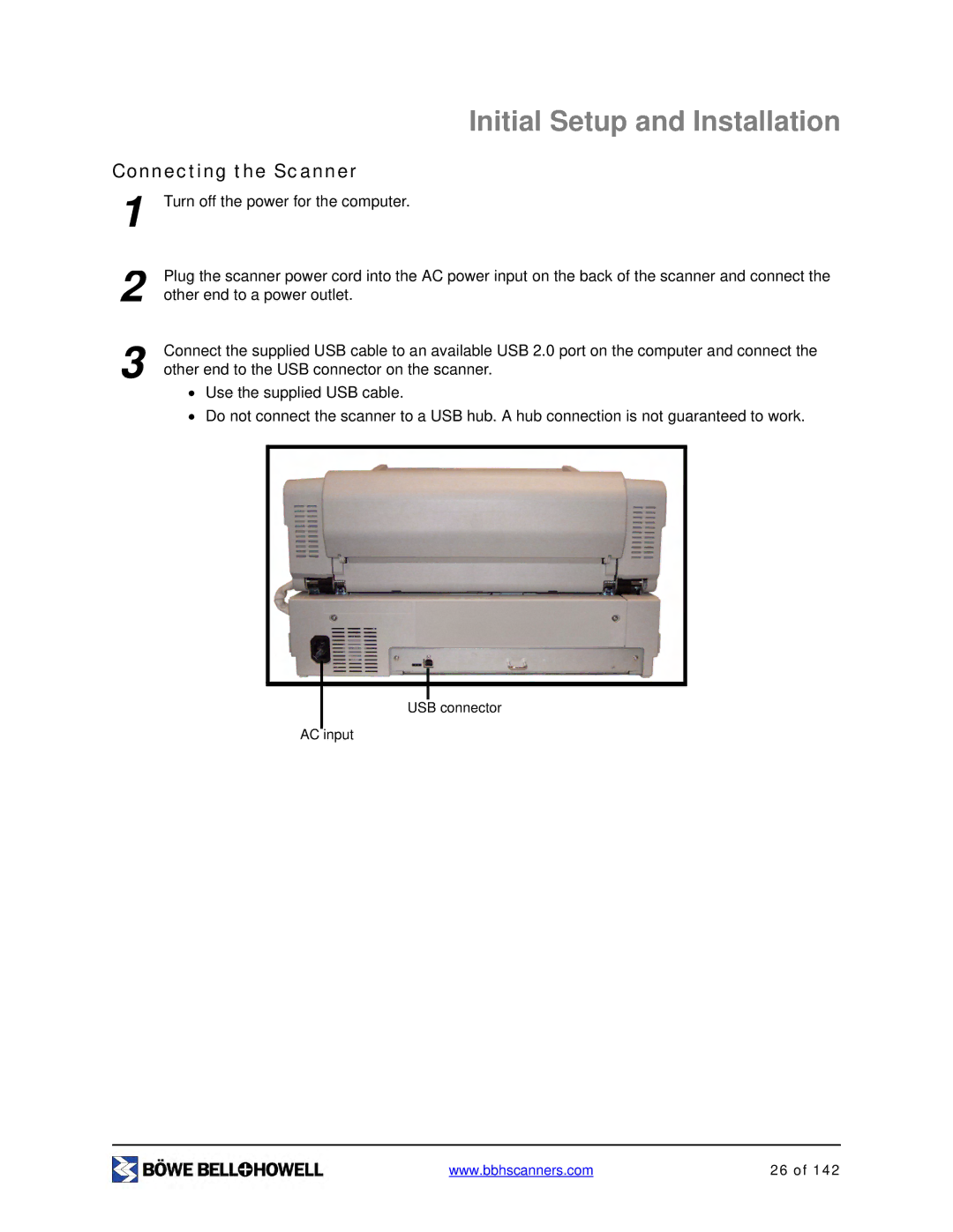 Bowe, Bell + Howell S006830 manual Initial Setup and Installation, Connecting the Scanner 