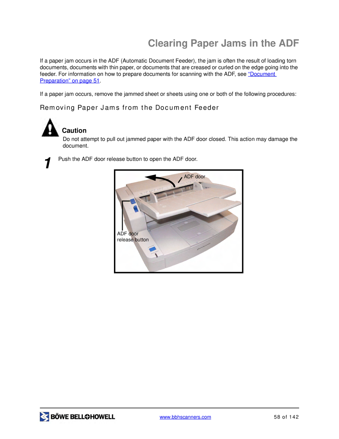 Bowe, Bell + Howell S006830 manual Clearing Paper Jams in the ADF, Removing Paper Jams from the Document Feeder 