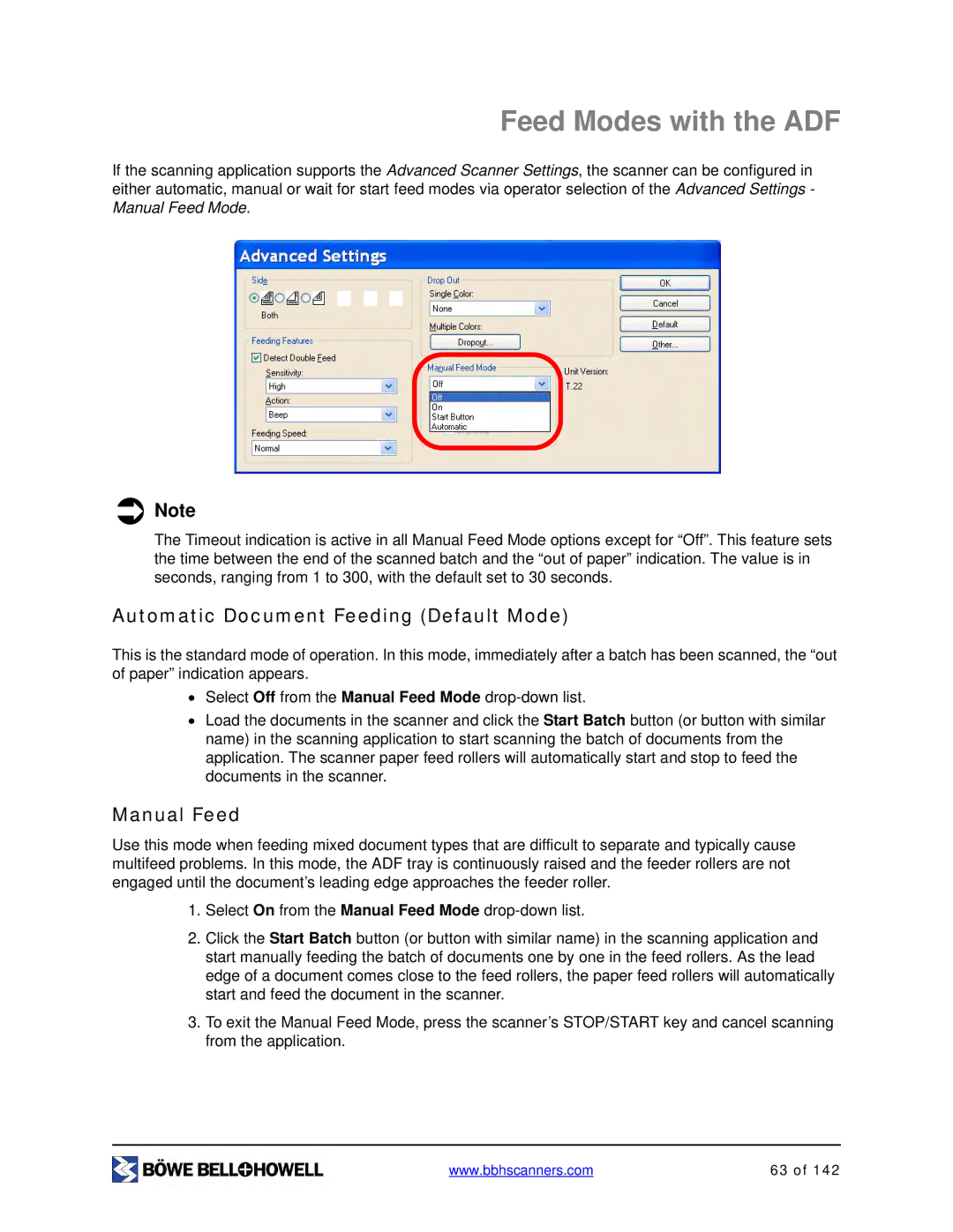 Bowe, Bell + Howell S006830 manual Feed Modes with the ADF, Automatic Document Feeding Default Mode, Manual Feed 