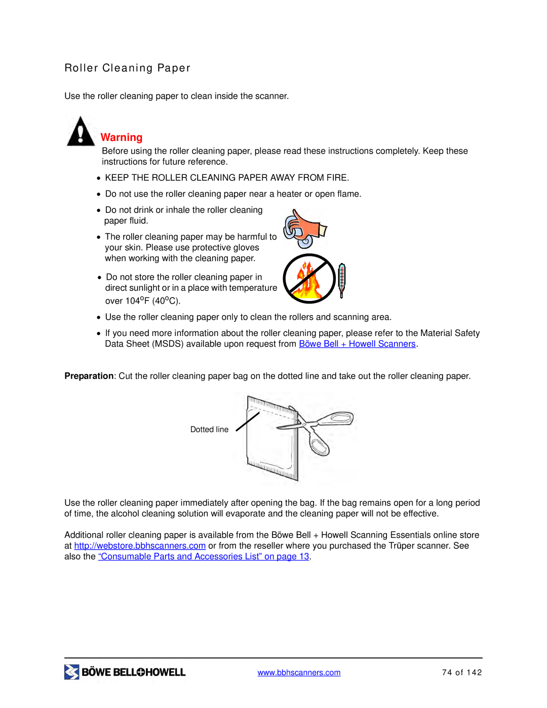 Bowe, Bell + Howell S006830 manual Keep the Roller Cleaning Paper Away from Fire 