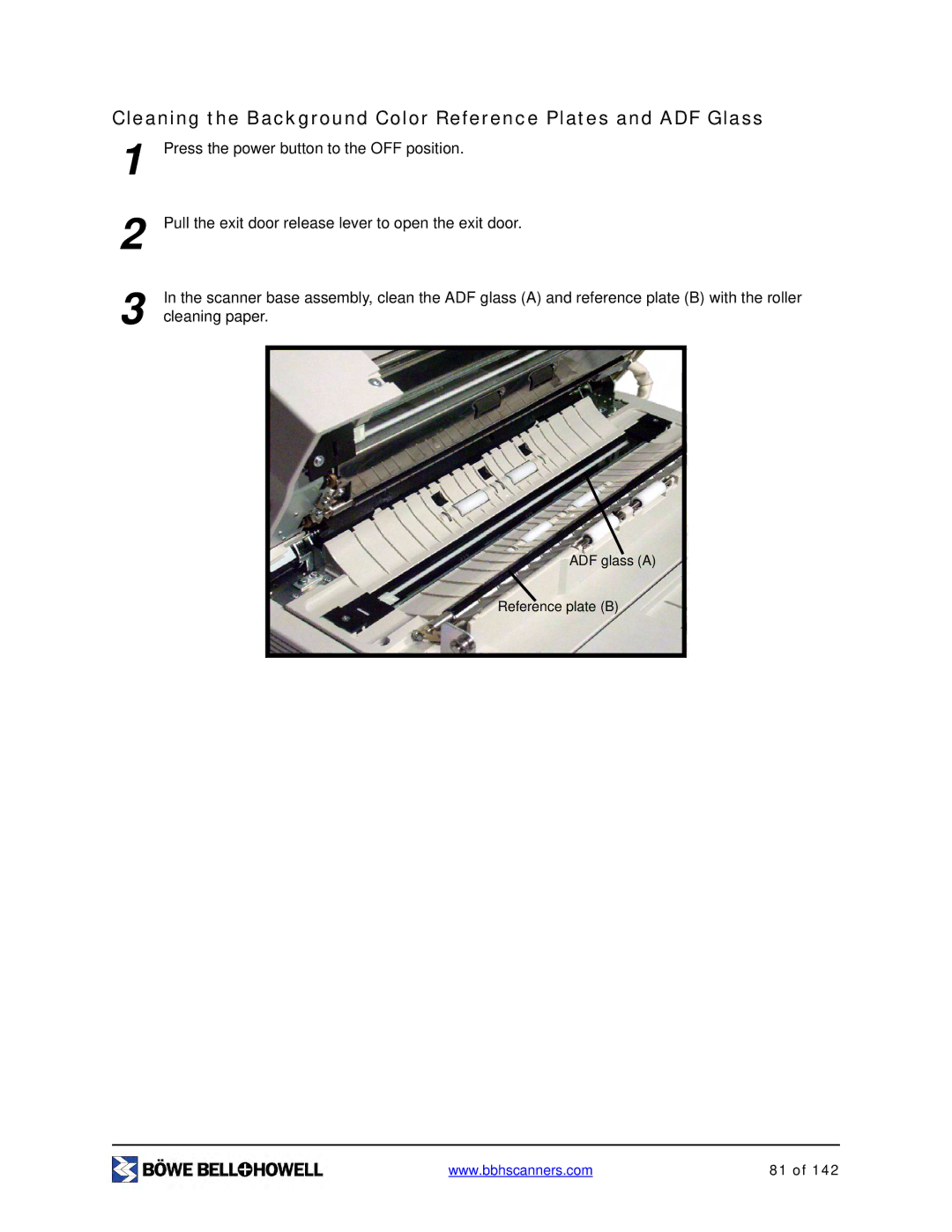 Bowe, Bell + Howell S006830 manual Cleaning the Background Color Reference Plates and ADF Glass 