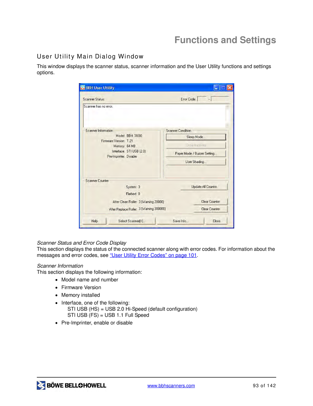 Bowe, Bell + Howell S006830 manual Functions and Settings, User Utility Main Dialog Window 