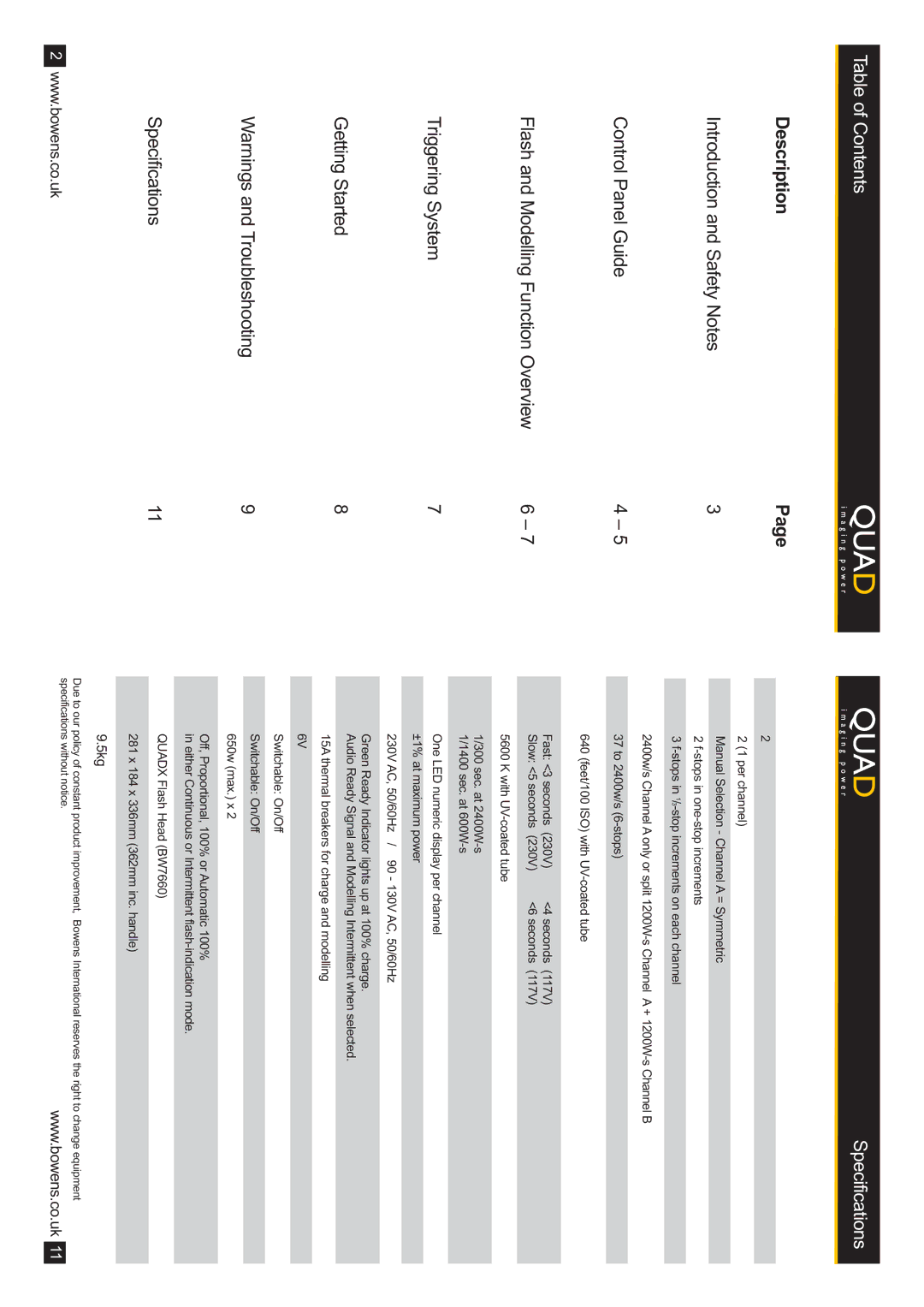 Bowens BW-7620 manual Table of Contents, Specifications 