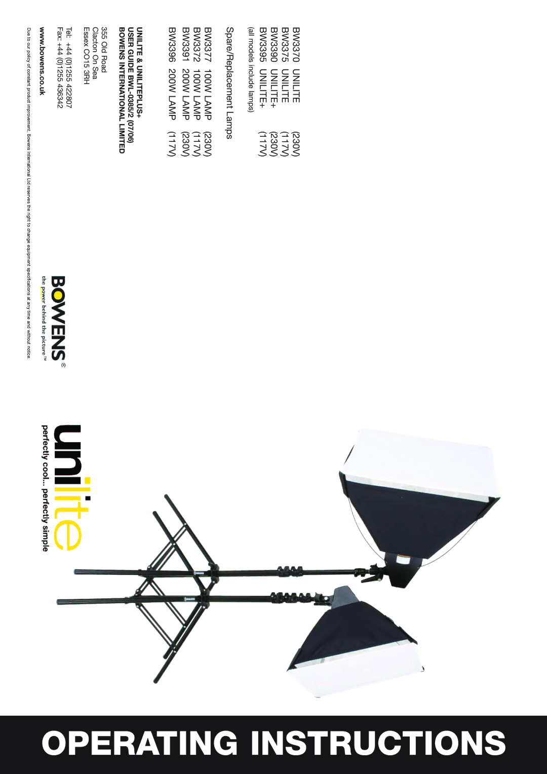 Bowens BW3396200WLAMP(117V), BW3377100WLAMP(230V) specifications Operating Instructions, User Guide BWL-0385/2 07/06 