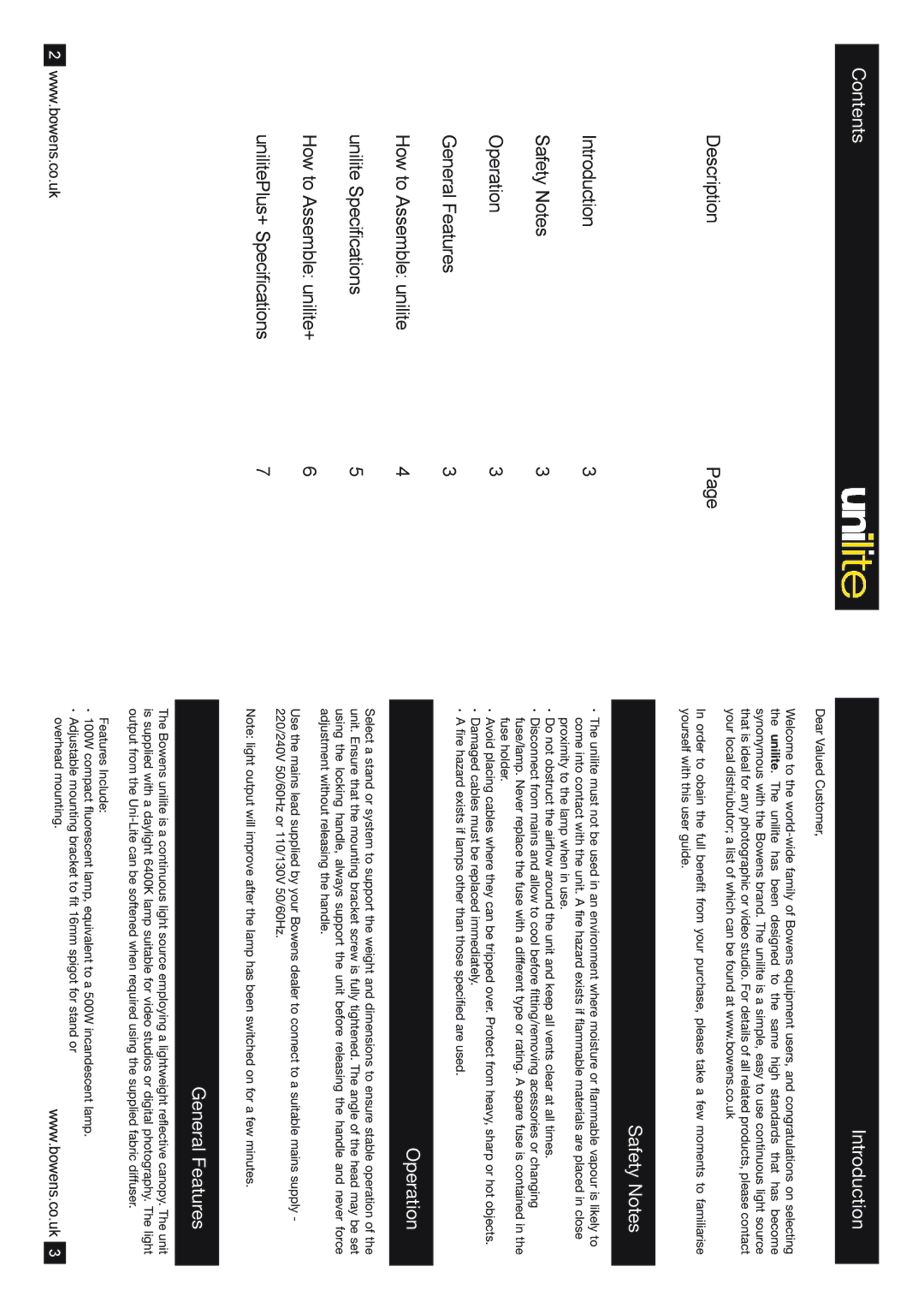 Bowens BW3391200WLAMP(230V), BW3377100WLAMP(230V) Contents, Introduction, Safety Notes, Operation, General Features 