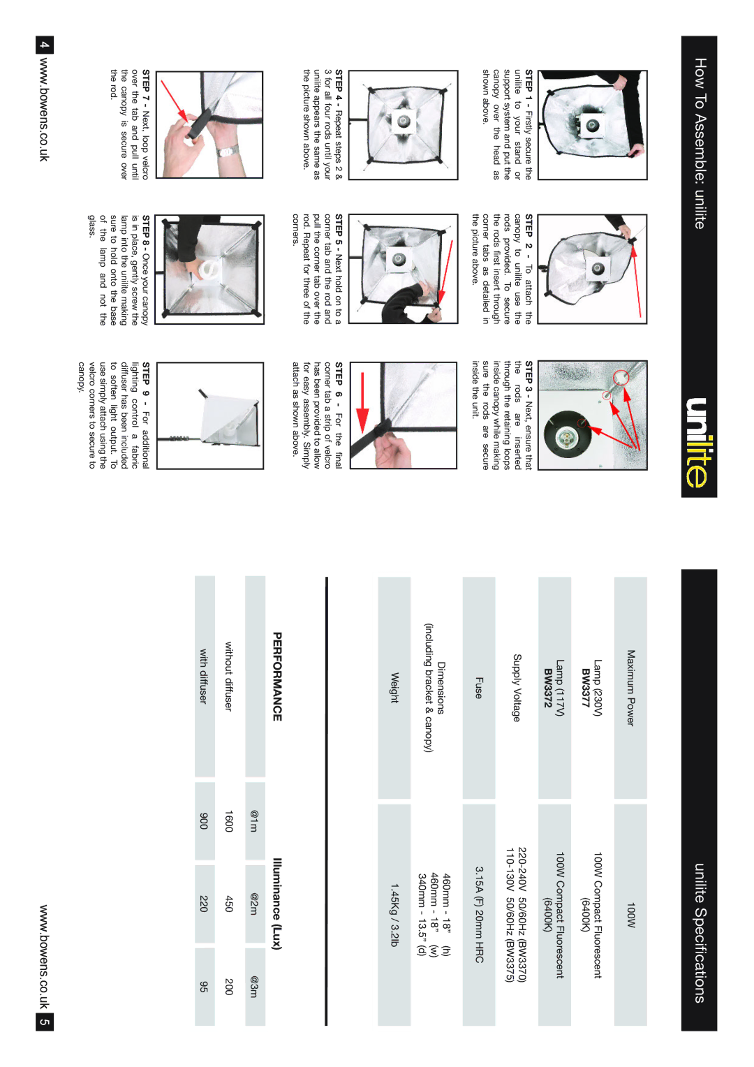 Bowens BW3372100WLAMP(117V), BW3377100WLAMP(230V), BW3396200WLAMP(117V) How To Assemble unilite Unilite Specifications 