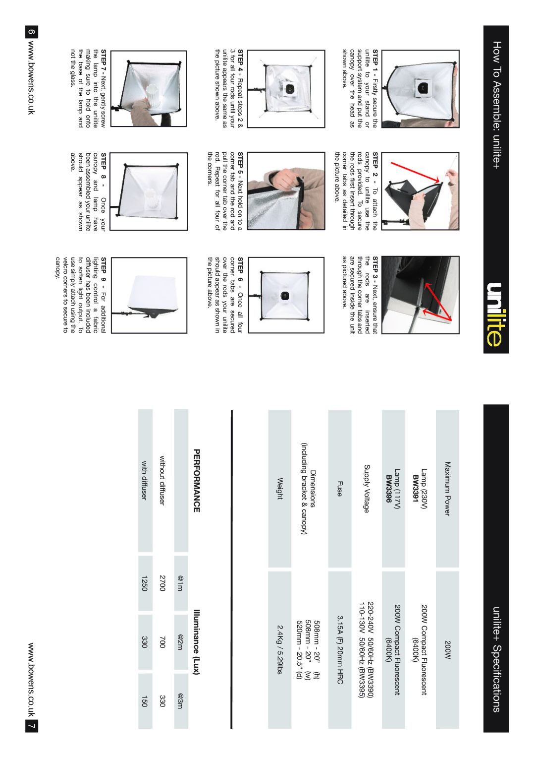 Bowens BW3377100WLAMP(230V), BW3396200WLAMP(117V) How To Assemble unilite+ Unilite+ Specifications, BW3391 