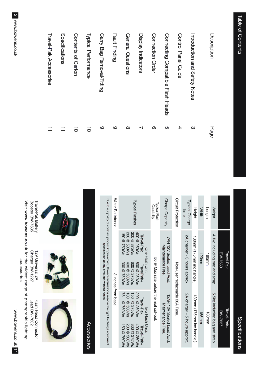 Bowens BW7631, BW7630 operating instructions Table of Contents Specifications, Accessories 