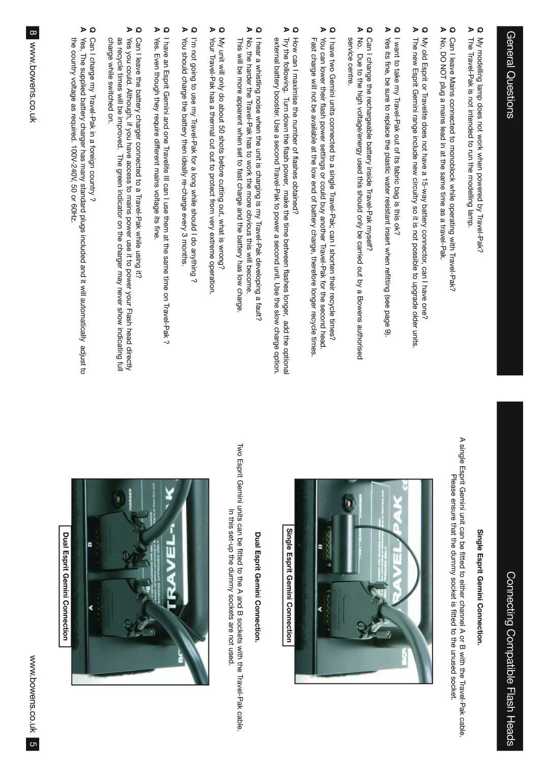 Bowens BW7630, BW7631 General Questions, Connecting Compatible Flash Heads, Single Esprit Gemini Connection 