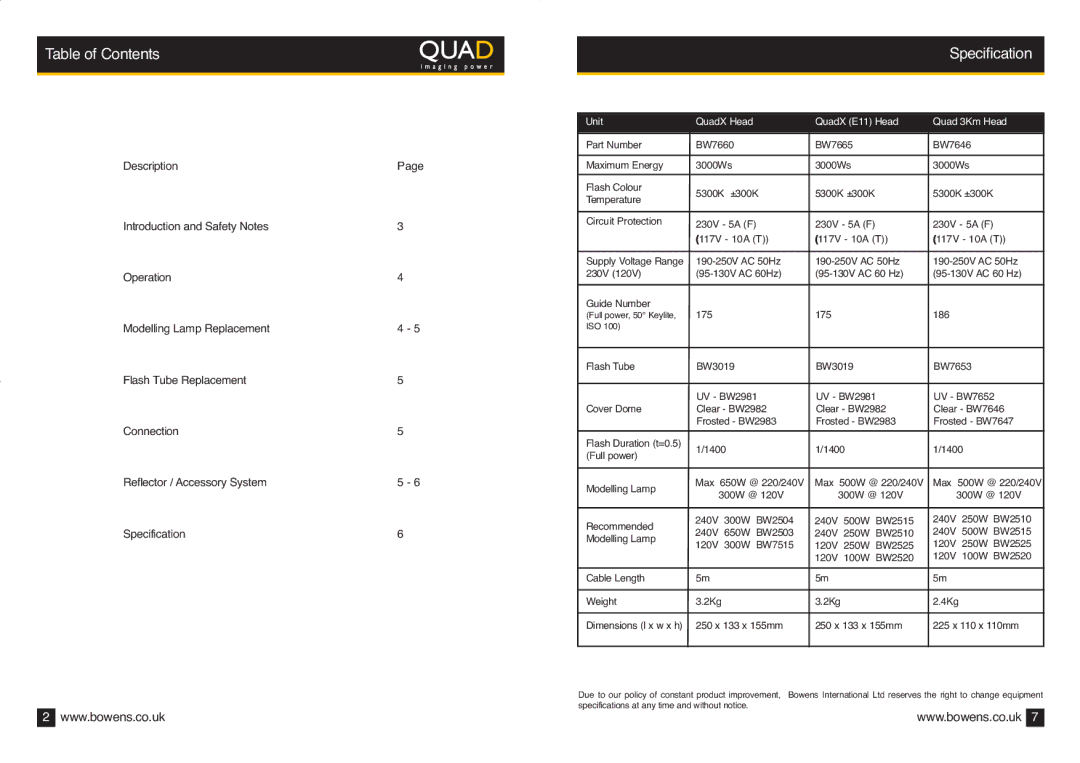 Bowens BWL-0328/2 manual Table of Contents, Specification 