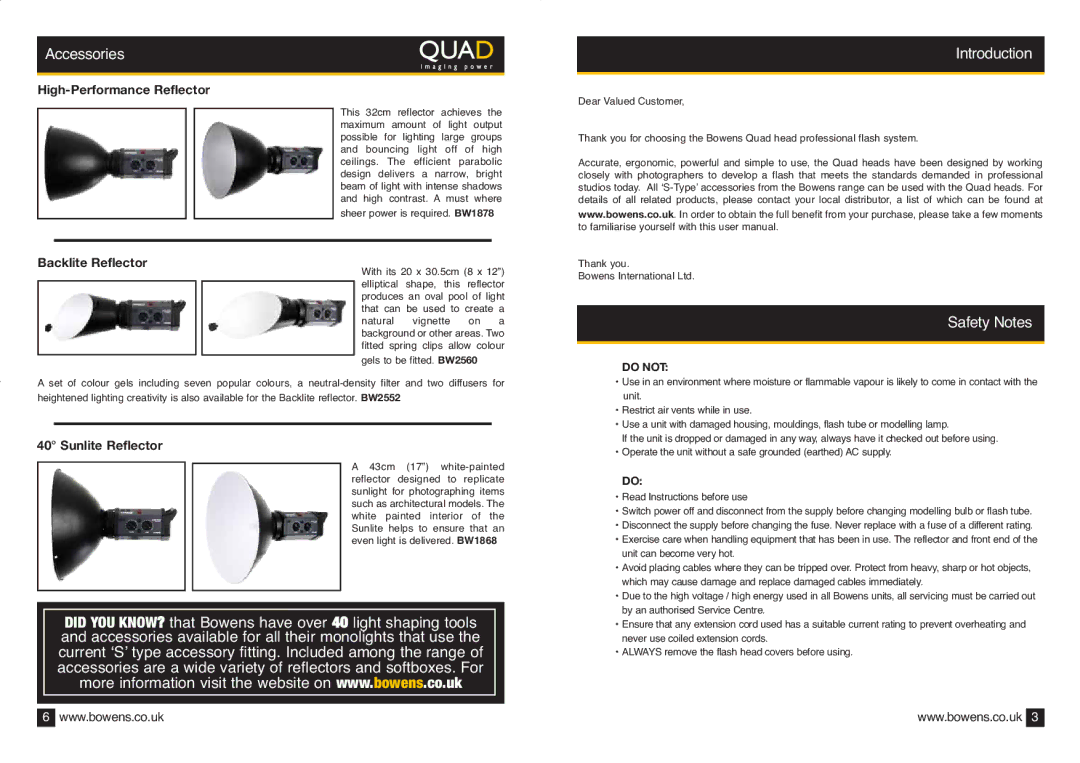 Bowens BWL-0328/2 manual Accessories, Safety Notes 