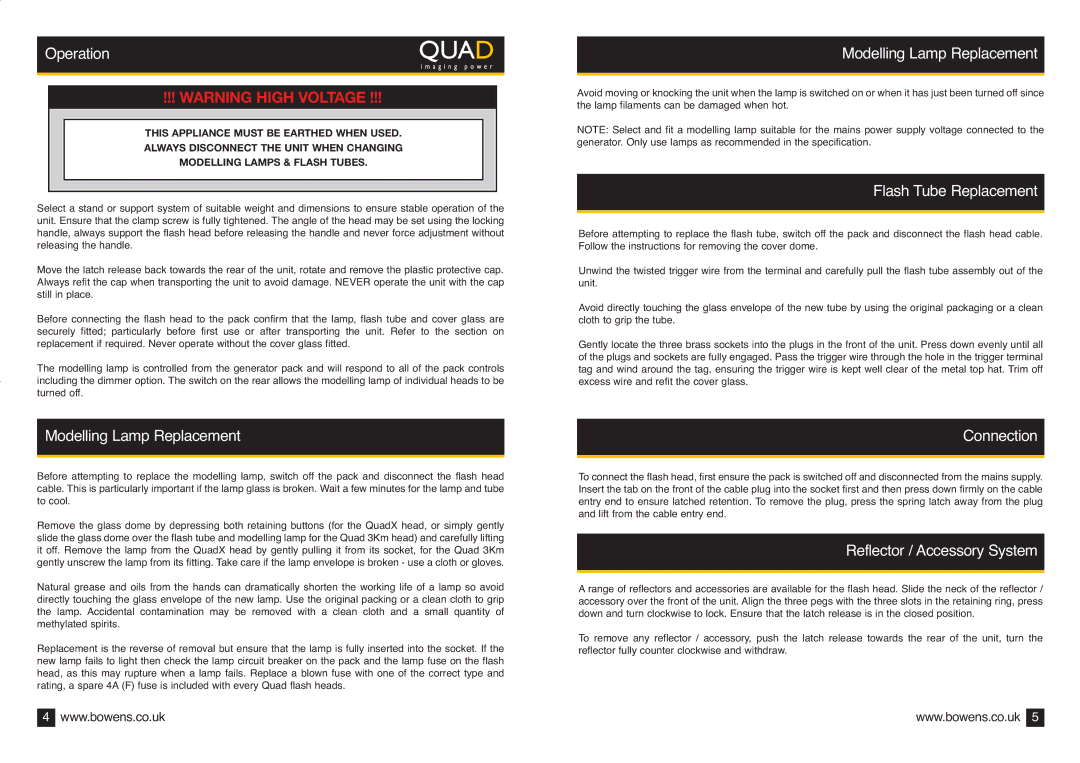 Bowens BWL-0328/2 Operation, Modelling Lamp Replacement, Flash Tube Replacement, Connection, Reflector / Accessory System 