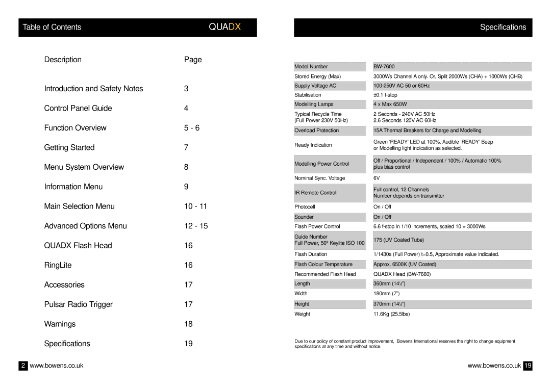 Bowens BWL-0335/2 operating instructions Table of Contents, Specifications 