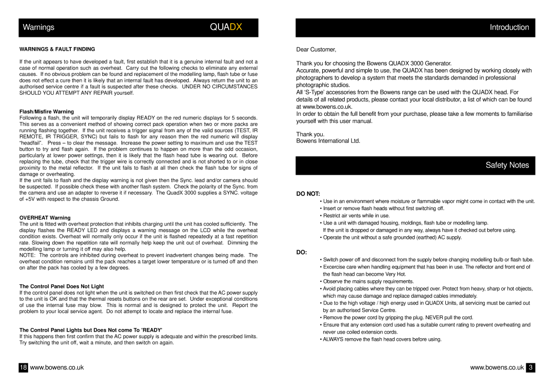 Bowens BWL-0335/2 operating instructions Introduction, Safety Notes 