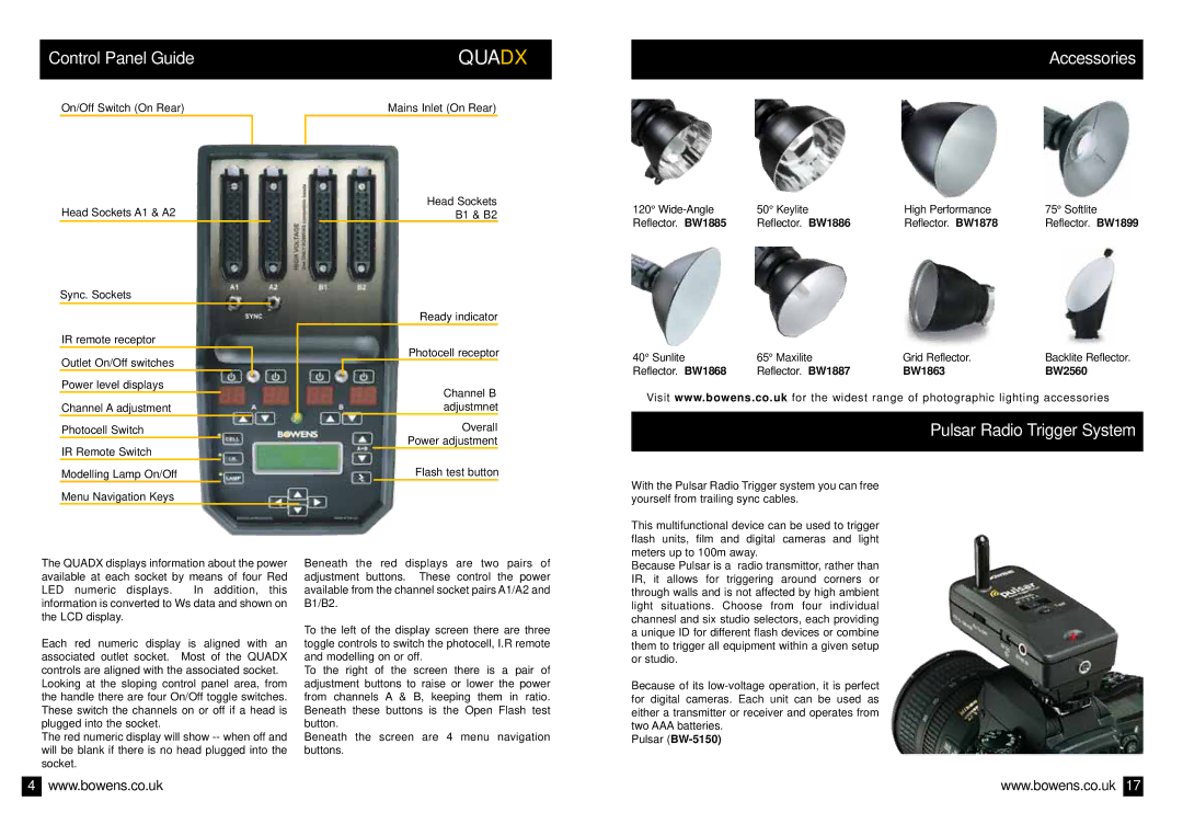 Bowens BWL-0335/2 operating instructions Control Panel Guide, Accessories, Pulsar Radio Trigger System, BW1863 BW2560 