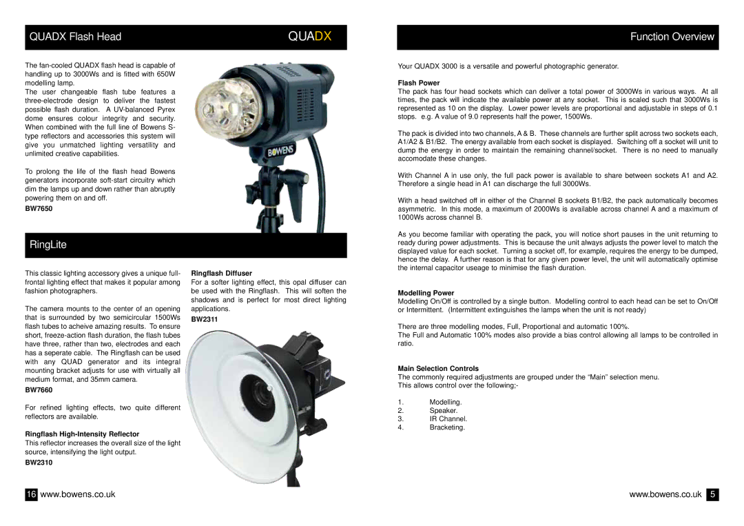 Bowens BWL-0335/2 operating instructions Quadx Flash Head, RingLite Function Overview 