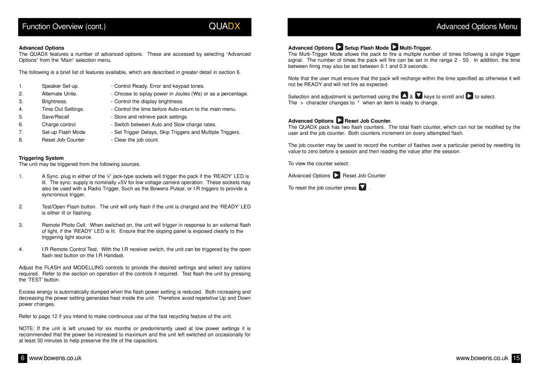 Bowens BWL-0335/2 Advanced Options Menu, Triggering System, Advanced Options Setup Flash Mode Multi-Trigger 