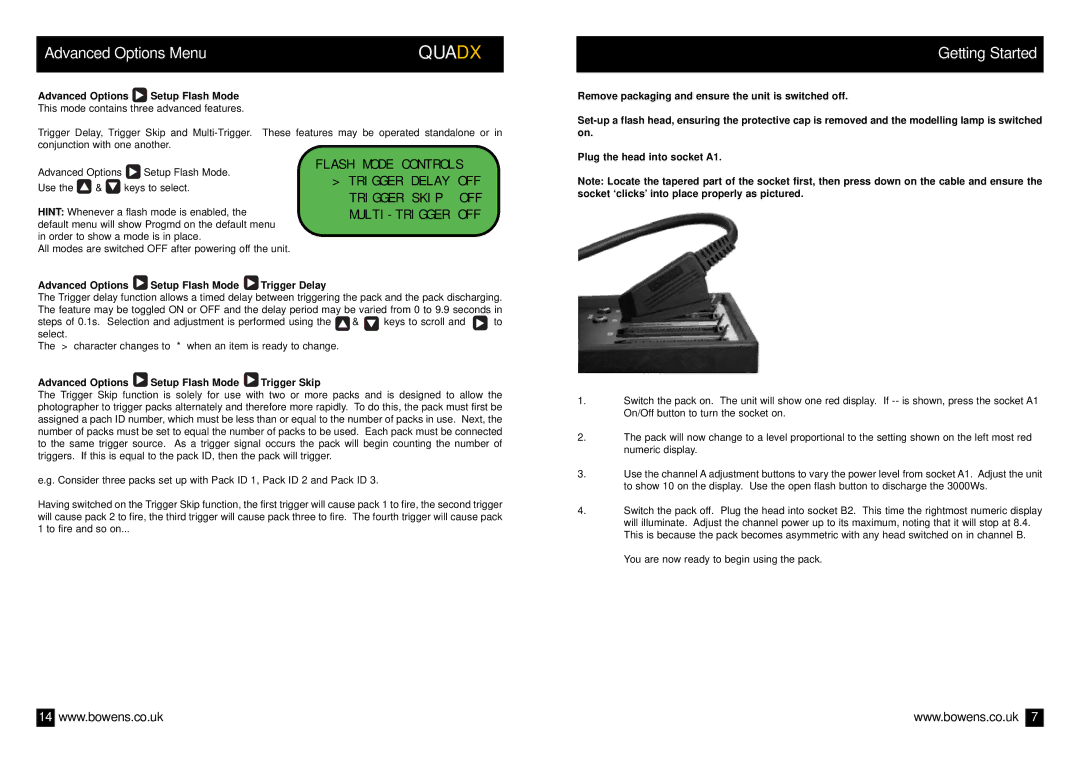 Bowens BWL-0335/2 operating instructions Getting Started, Advanced Options Setup Flash Mode Trigger Skip 