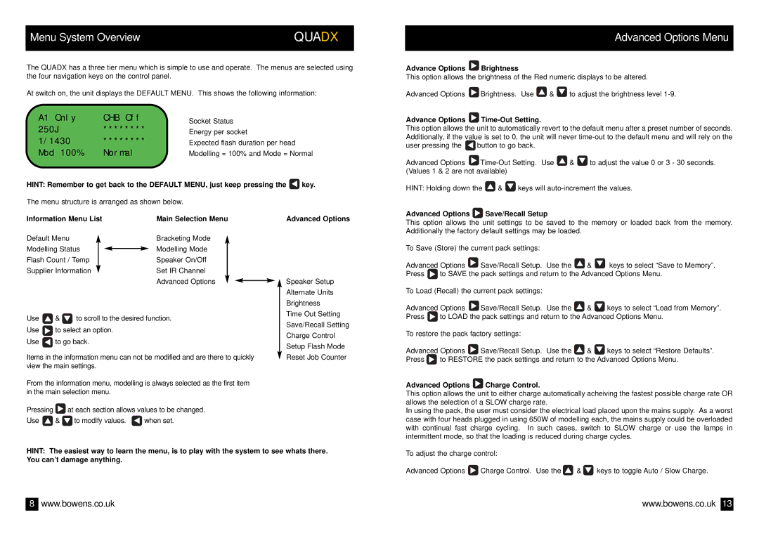 Bowens BWL-0335/2 operating instructions Menu System Overview 