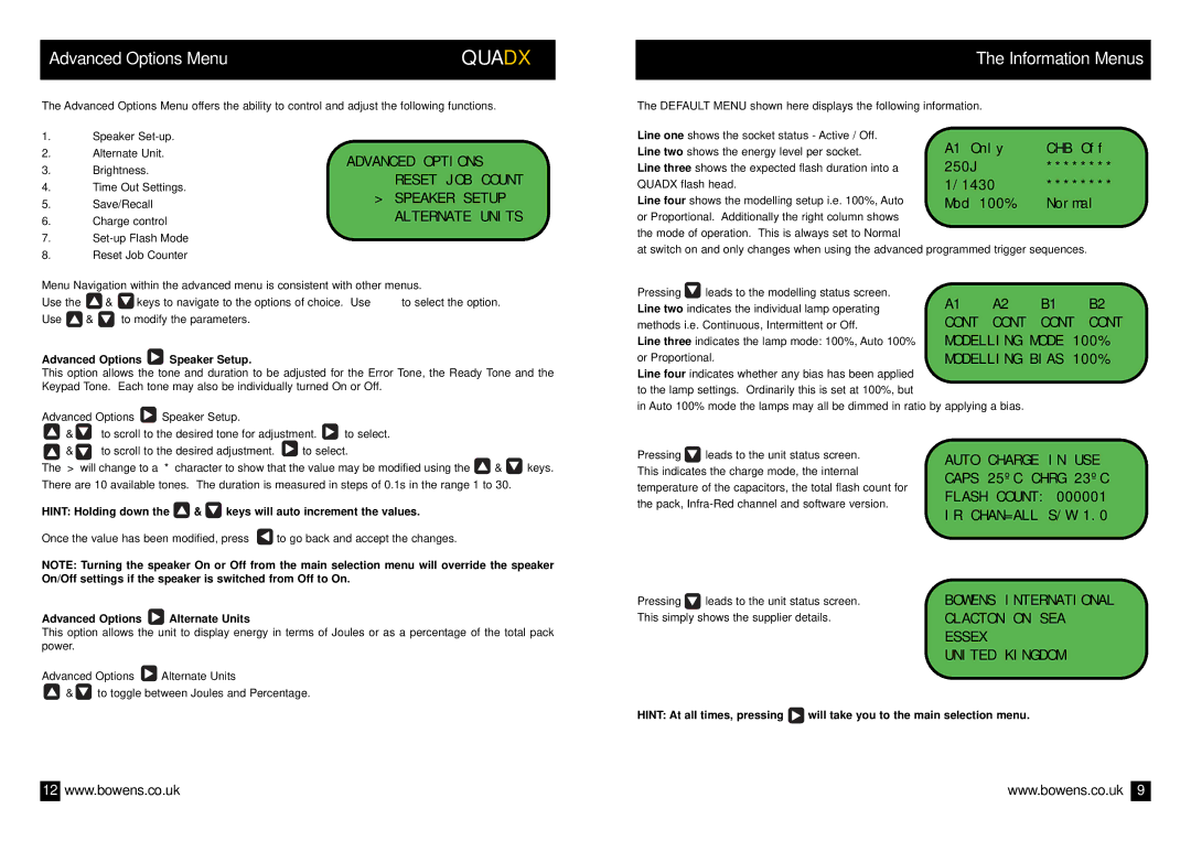 Bowens BWL-0335/2 Information Menus, Advanced Options Speaker Setup, Advanced Options Alternate Units 