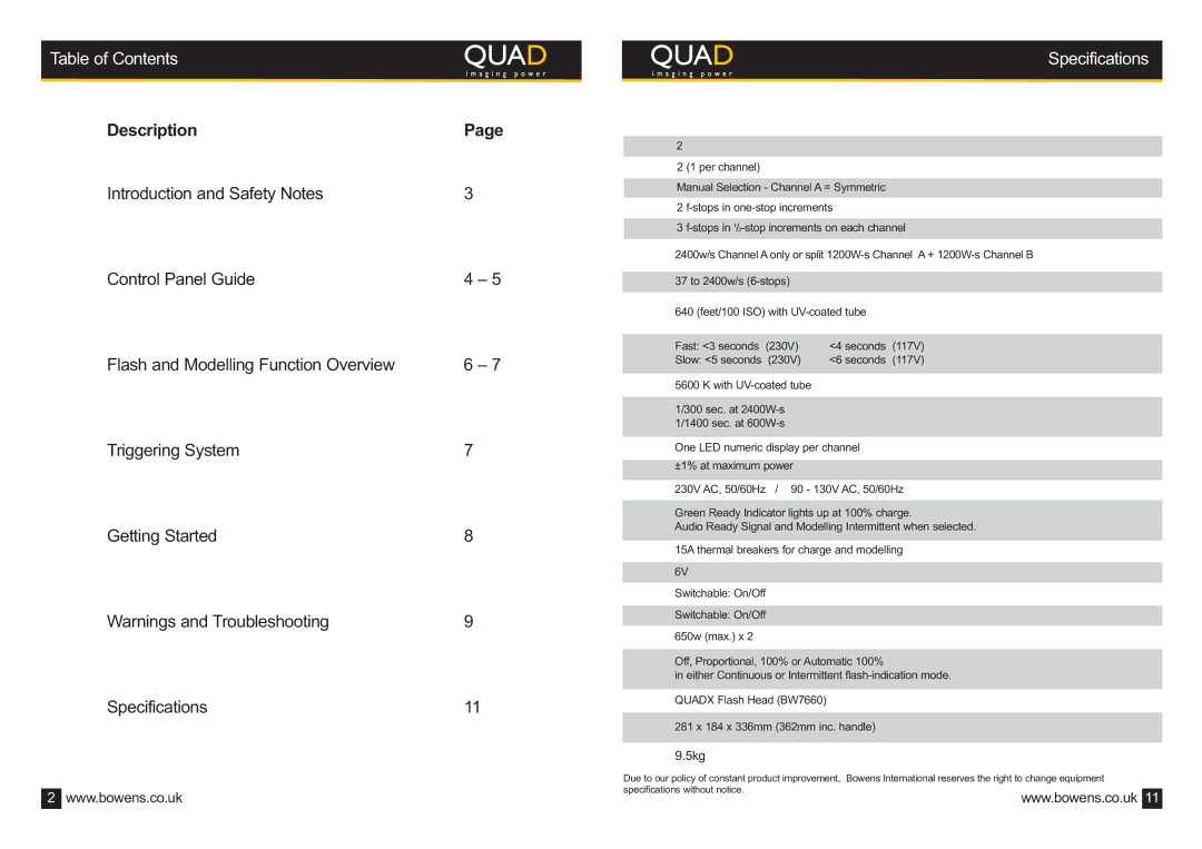 Bowens BWL-0350/1 manual Table of Contents, Specifications 