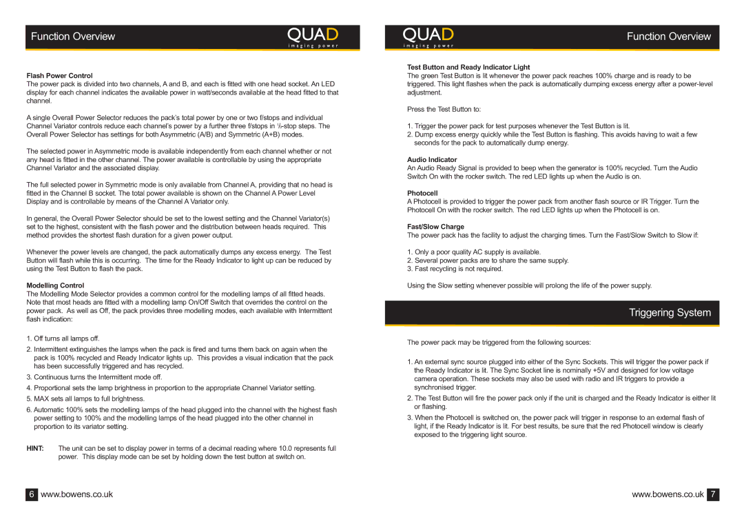 Bowens BWL-0350/1 manual Function Overview, Triggering System 