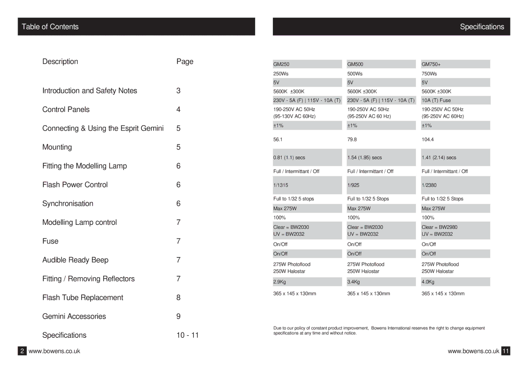 Bowens Bwl-0353 manual Table of Contents, Specifications 