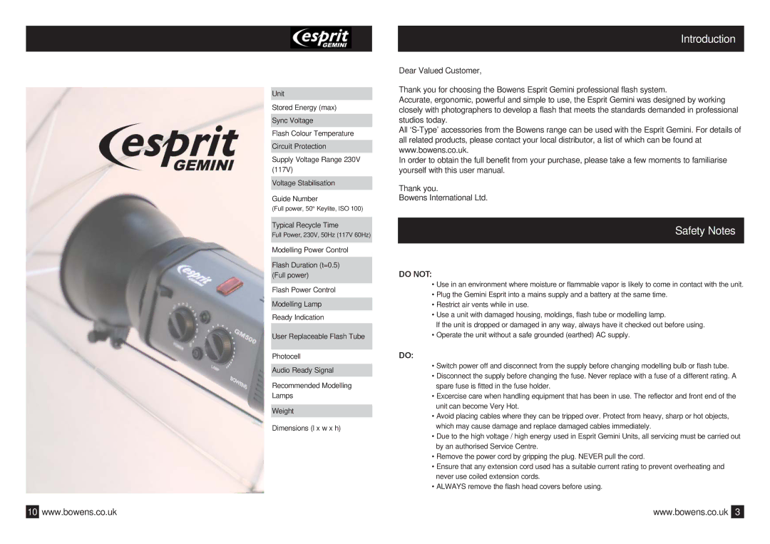 Bowens Bwl-0353 manual Introduction, Safety Notes 