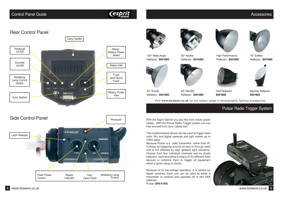 Bowens Bwl-0353 manual Control Panel Guide, Accessories, Pulsar Radio Trigger System 