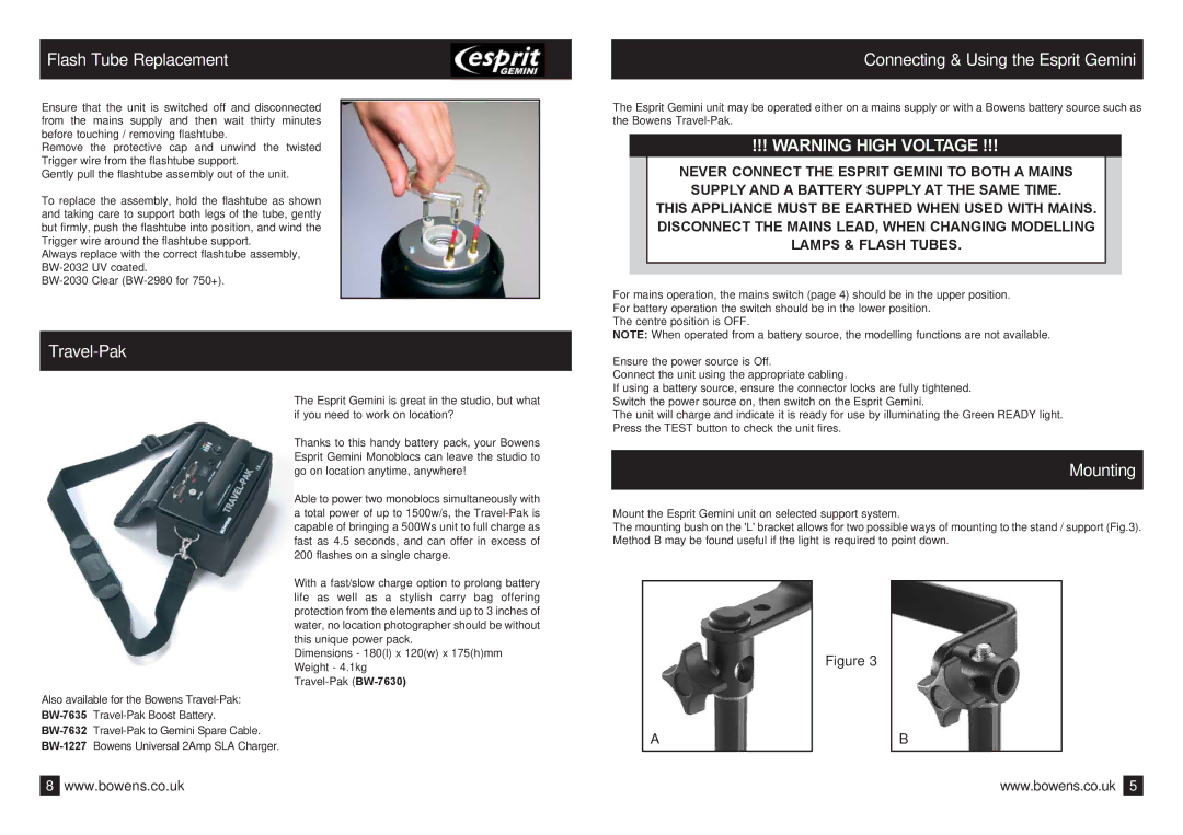 Bowens Bwl-0353 manual Flash Tube Replacement, Travel-Pak, Connecting & Using the Esprit Gemini, Mounting 